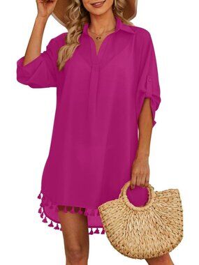 Women's Rose Pink Red Polyester Cover Up Tassel Swimsuit Beachwear Swimwear